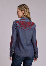 Stetson Womens Dark Lyocell Denim Long Sleeve Western Style Snap Front Blouse embroidered back yoke and sleeves with wine contrast piping cowgirl fashion