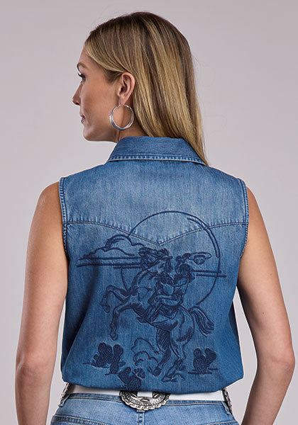Stetson Womens Denim Emb Sleeveless Shirt