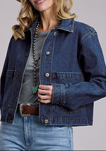Stetson Womens Dark Denim Cropped Boxy Fit Jacket dark blue cotton blend denim jacket womens western boutique Utah SKU 1109805947036BU