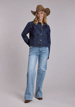 Stetson Womens Dark Denim Cropped Boxy Fit Jacket slightly cropped boxy silhouette with deep back yoke cowgirl layering