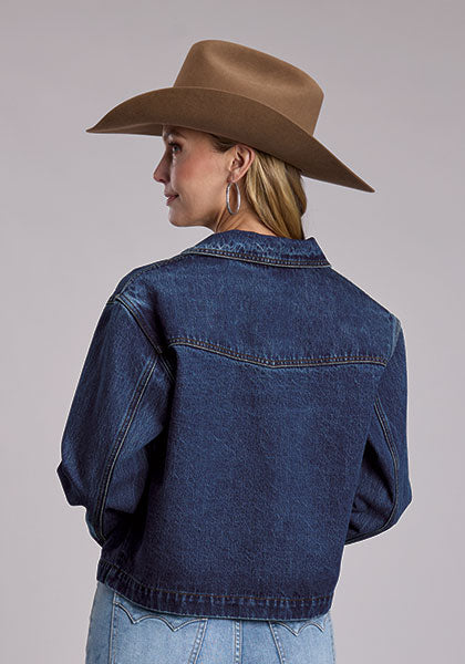 Stetson Womens Dark Denim Cropped Boxy Fit Jacket fold down collar button front and large patch hand pockets western fashion