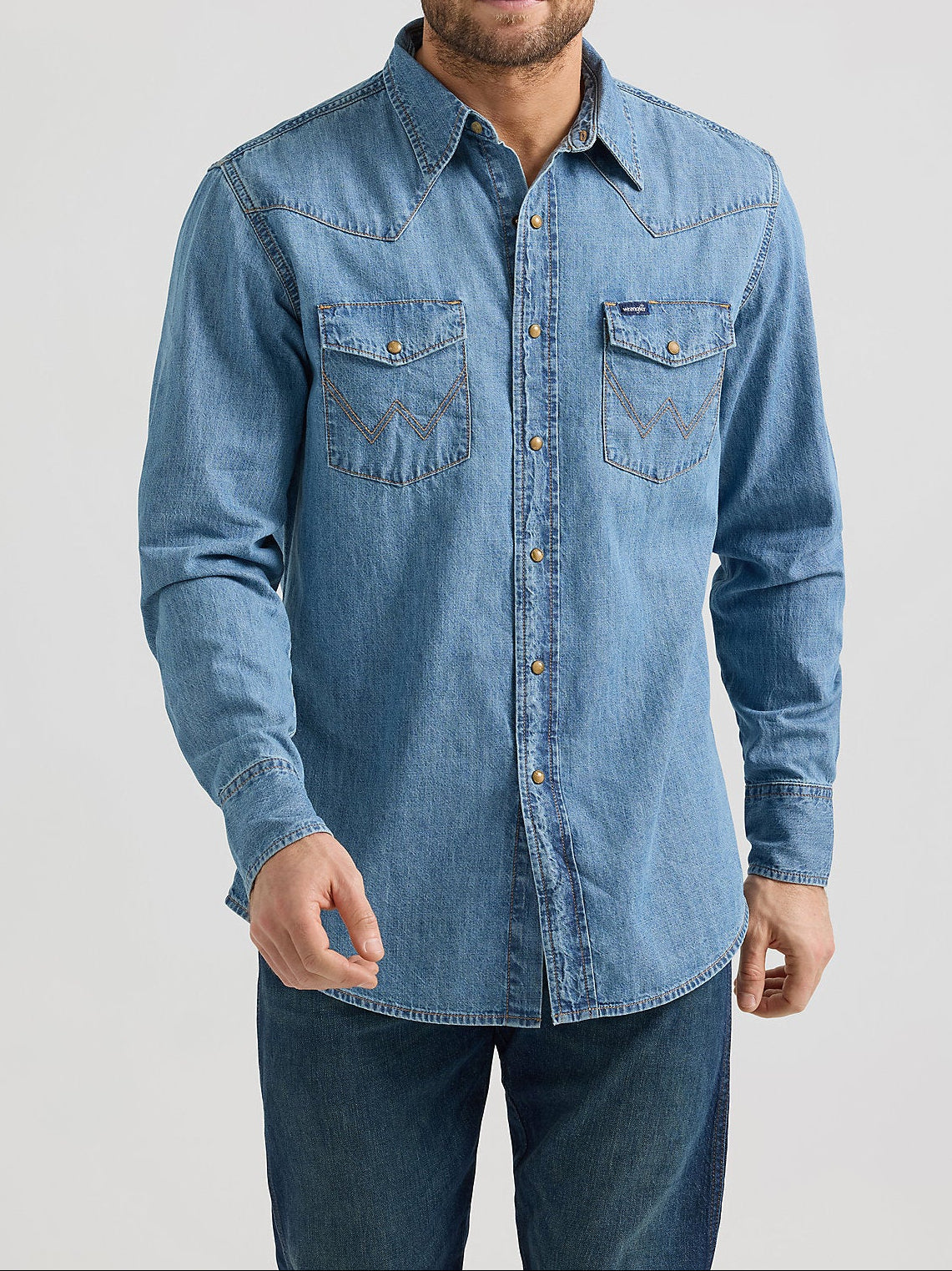 Wrangler Mens Classic Denim Snap Shirt Wrangler Mens Classic Denim Snap Shirt a perfect addition to your western wear wardrobe Choose boltranchstore.com for all your western goods Free shipping mens western shirt denim shirt 