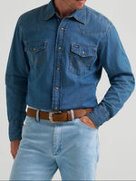 Wrangler Mens Mid Wash Denim Shirt at boltranchstore.com mens button up pearl snap denim shirt mens western shirt rodeo outfit denim on denim free shipping 