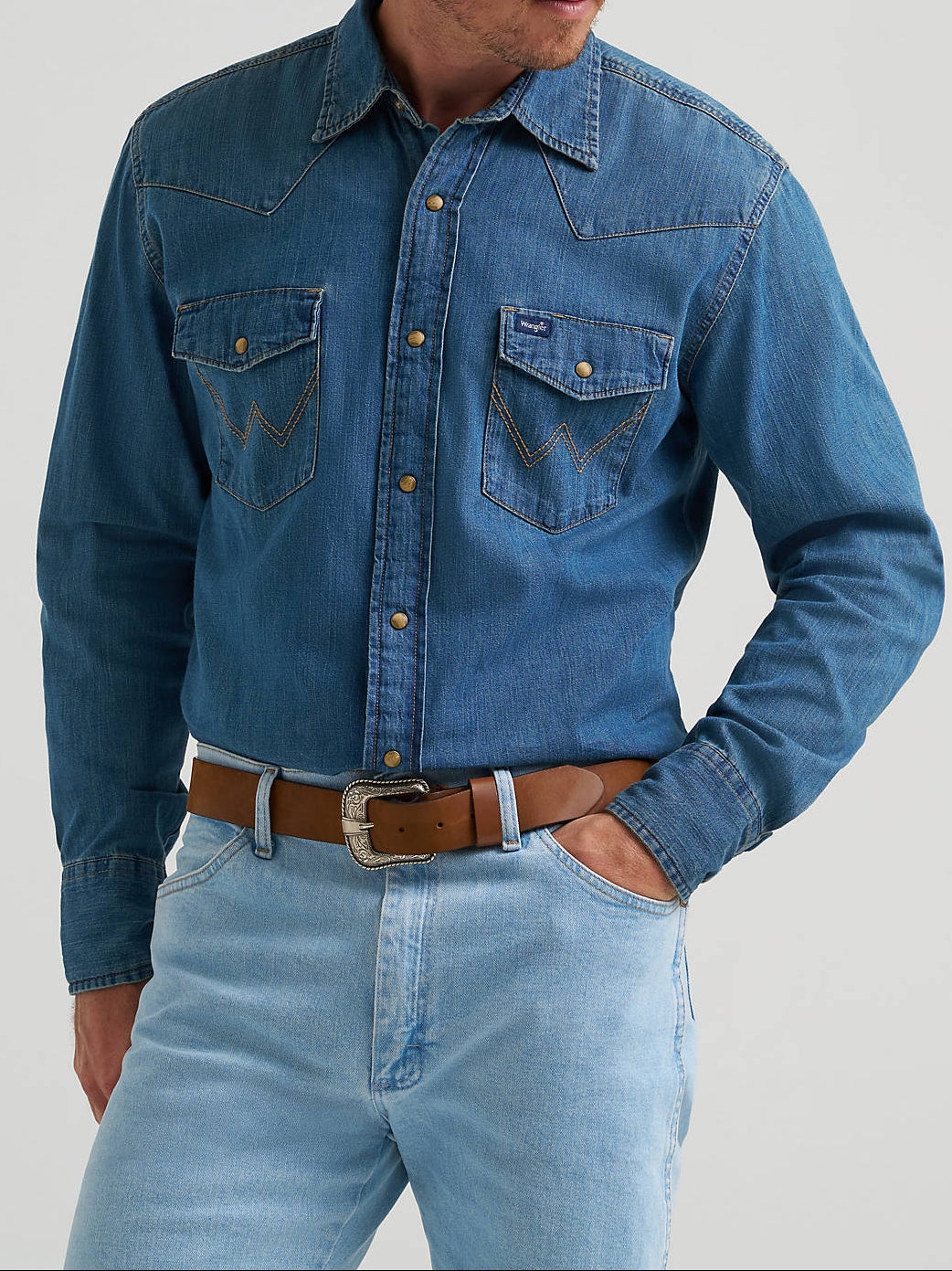 Wrangler Mens Mid Wash Denim Shirt at boltranchstore.com mens button up pearl snap denim shirt mens western shirt rodeo outfit denim on denim free shipping 