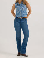 Wrangler Womens Denim Crop Snap Tank a women western sleeveless shirt in a bandana print.
