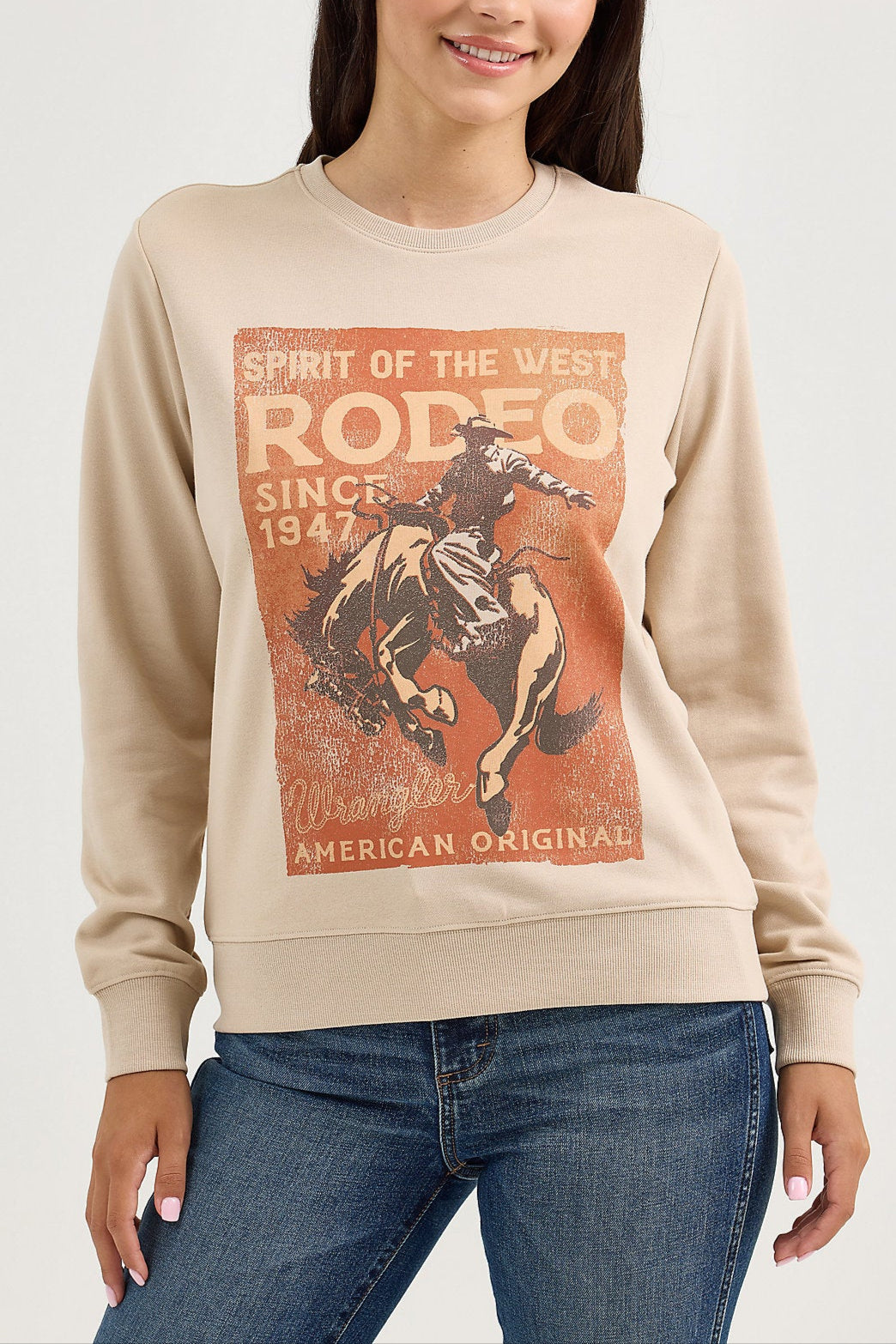 Womens Wrangler Graphic Crew Sweatshirt 112365763 western fashion rodeo free shipping at Boltranchstore.com