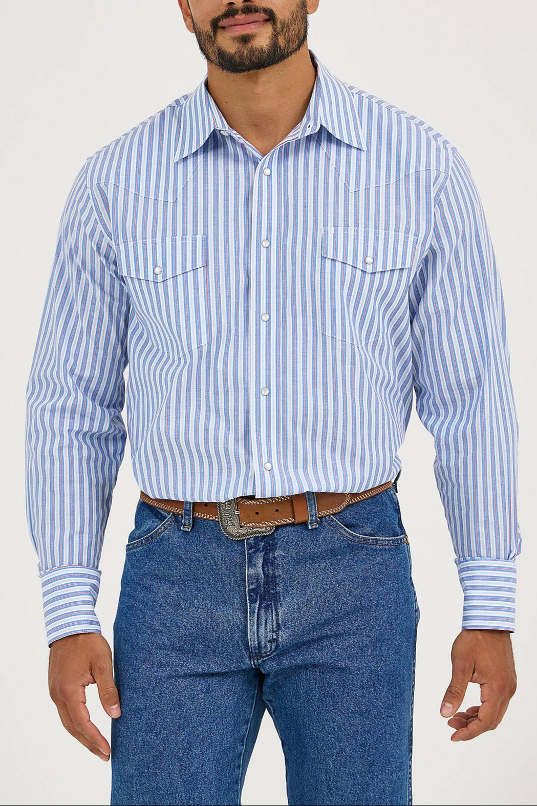 Wrangler Mens Wrinkle Resist Western Snap Stripe Shirt 112365848 Mens Wrangler at Bolt Ranch Store mens western wear cowboy