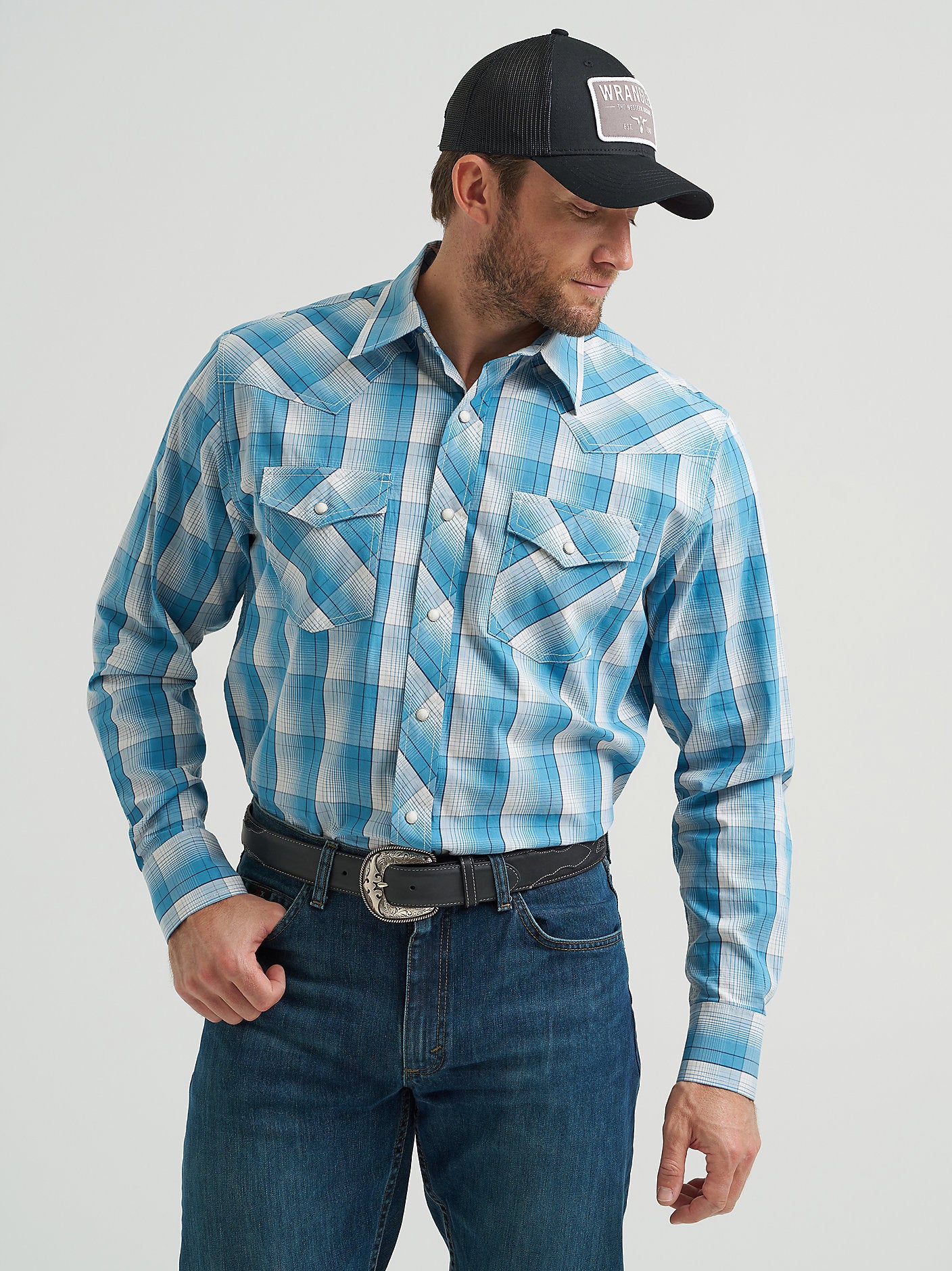 Mens Wrangler 20X Western Snap Shirt Sky Plaid