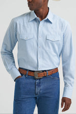 blue striped wrangler pearl snap button up long sleeve cowboy shirt boltranchstore.com Wrangler