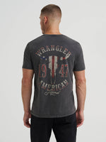 Wrangler Mens Old Town Tee Shirt shop at boltranchstore.com free shipping at mens shirt summer shirt red white and blue Man wearing a Wrangler t-shirt 