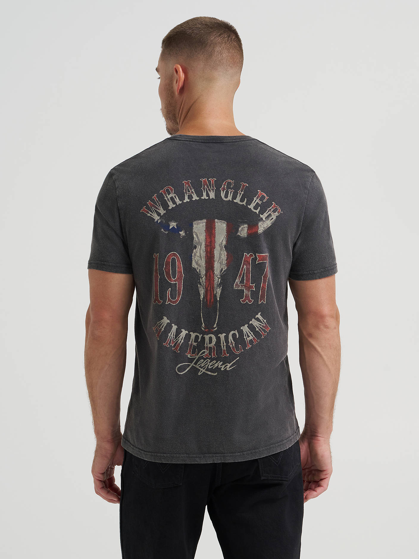 Wrangler Mens Old Town Tee Shirt shop at boltranchstore.com free shipping at mens shirt summer shirt red white and blue Man wearing a Wrangler t-shirt 