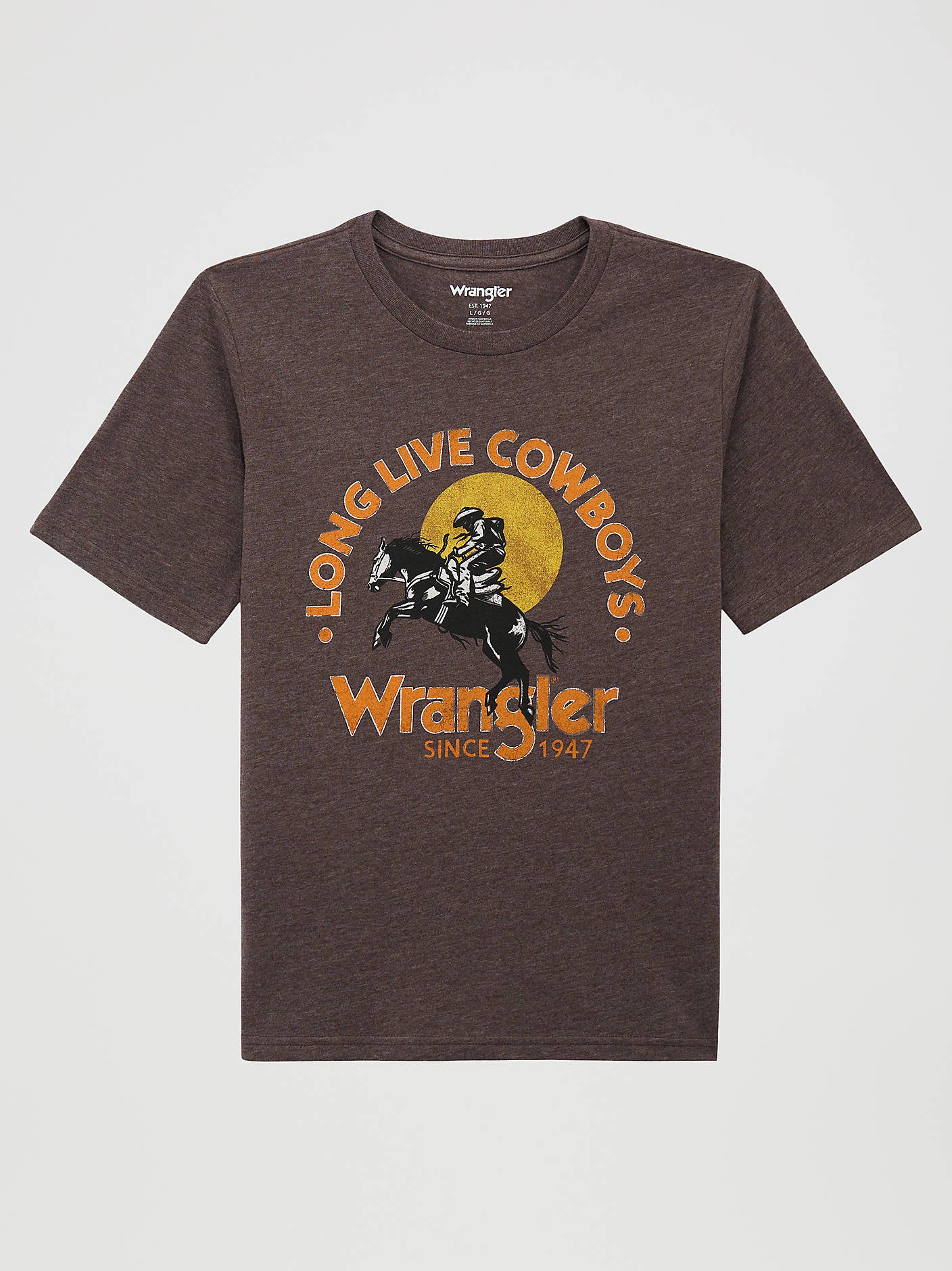 112375838 Wrangler Boys Hootin N Hollerin Dual Graphic T Shirt at boltranchstore.com free shipping Brown t-shirt with Wrangler logo in stock 
