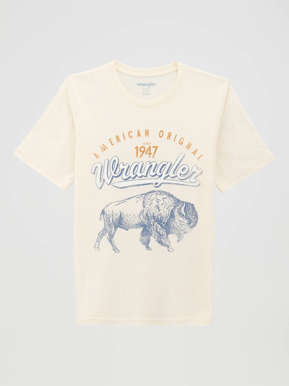 112375839 Wrangler Boys Buffalo Graphic T Shirt at boltranchstore.com in stock kids t shirt free shipping An off-white Wrangler short-sleeve t-shirt featuring a vintage-style graphic print with a blue bison, 'American Original' text, and '1947 Wrangler' on the front