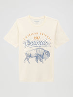 112375839 Wrangler Boys Buffalo Graphic T Shirt at boltranchstore.com in stock kids t shirt free shipping An off-white Wrangler short-sleeve t-shirt featuring a vintage-style graphic print with a blue bison, 'American Original' text, and '1947 Wrangler' on the front