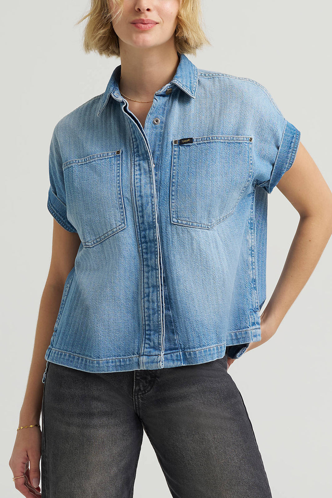 Wrangler Womens Rolled Sleeve Utility Shirt 112378647 color stalled out striped Lee vintage womens short sleeve denim shirt western fashion Boltranchstore.com Free Shipping