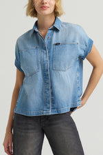 Wrangler Womens Rolled Sleeve Utility Shirt 112378647 color stalled out striped Lee vintage womens short sleeve denim shirt western fashion Boltranchstore.com Free Shipping