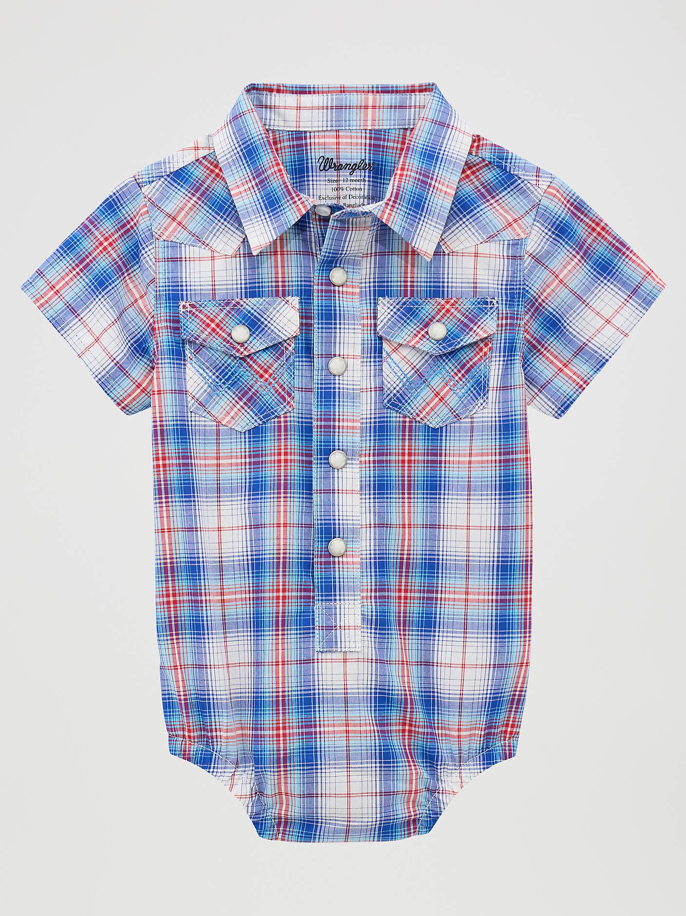 Wrangler Baby Boy Short Sleeve Western Snap Bodysuit 112378814 blue plaid Boltranchstore.com Free Shipping baby boy infant onesie