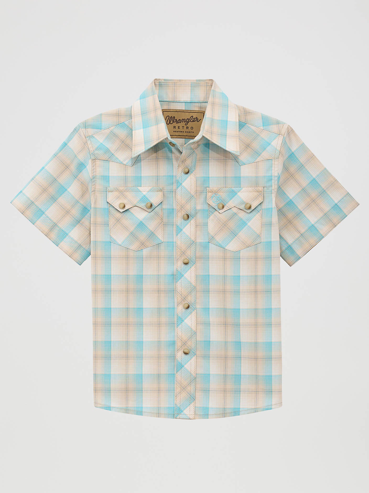 Wrangler boys’ retro western-style short sleeve shirt with snap buttons, featuring classic yokes, chest flap pockets, and a casual plaid design suitable for everyday wear or dress-up occasions kids shirt at boltranchstore.com free shipping 
