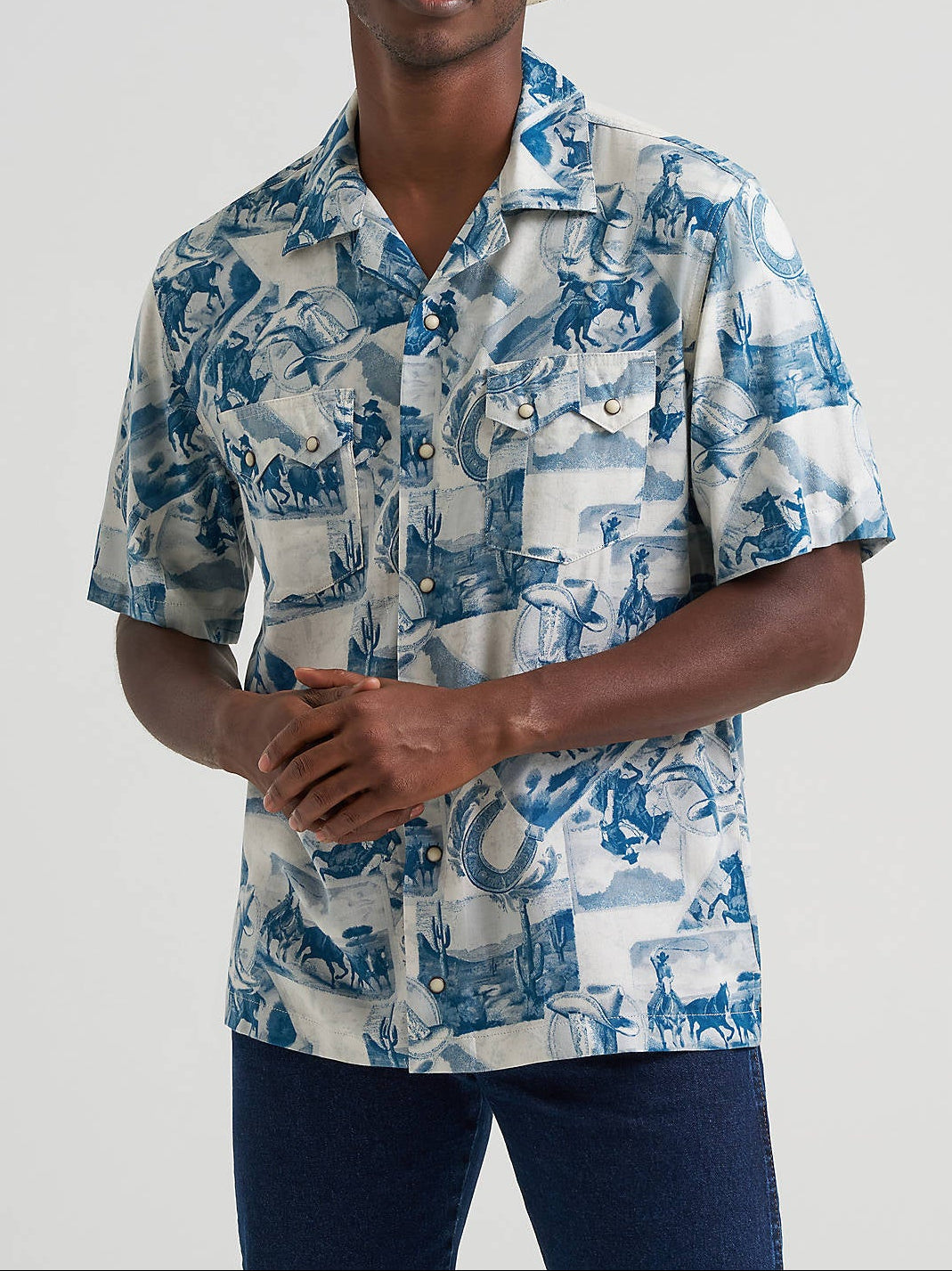 Wrangler Mens Coconut Cowboy Camp Shirt at boltranchstore.com free shipping western shirt rodeo boots print blue and white pearl snap button up short sleeve shirt mens outfit rodeo summer shirt 