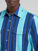 112379229 Mens Wrangler Vintage-Inspired Brushpopper Western Snap Workshirt rodeo western shirt Boltranchstore.com long sleeve blue stripe