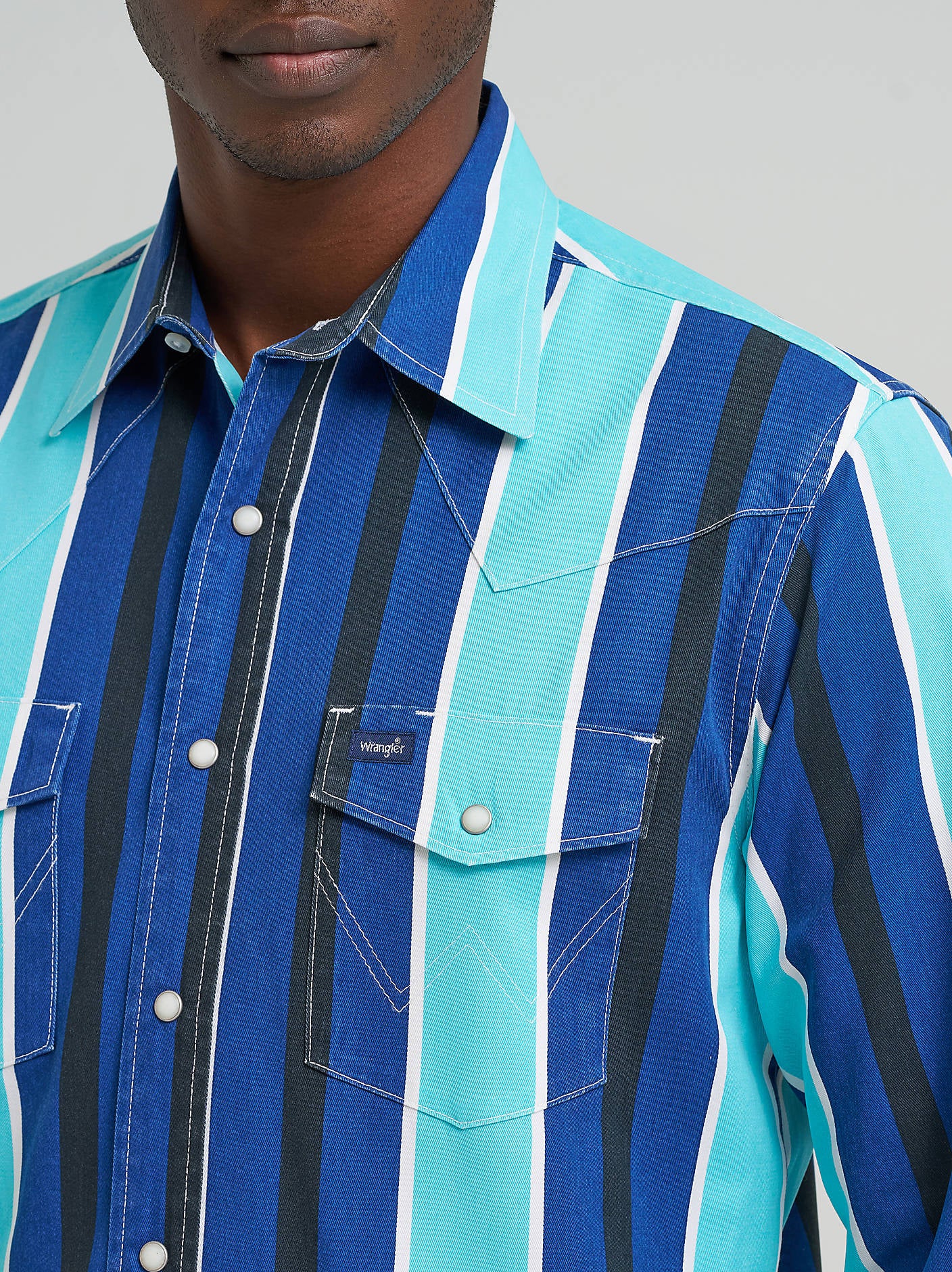 112379229 Mens Wrangler Vintage-Inspired Brushpopper Western Snap Workshirt rodeo western shirt Boltranchstore.com long sleeve blue stripe