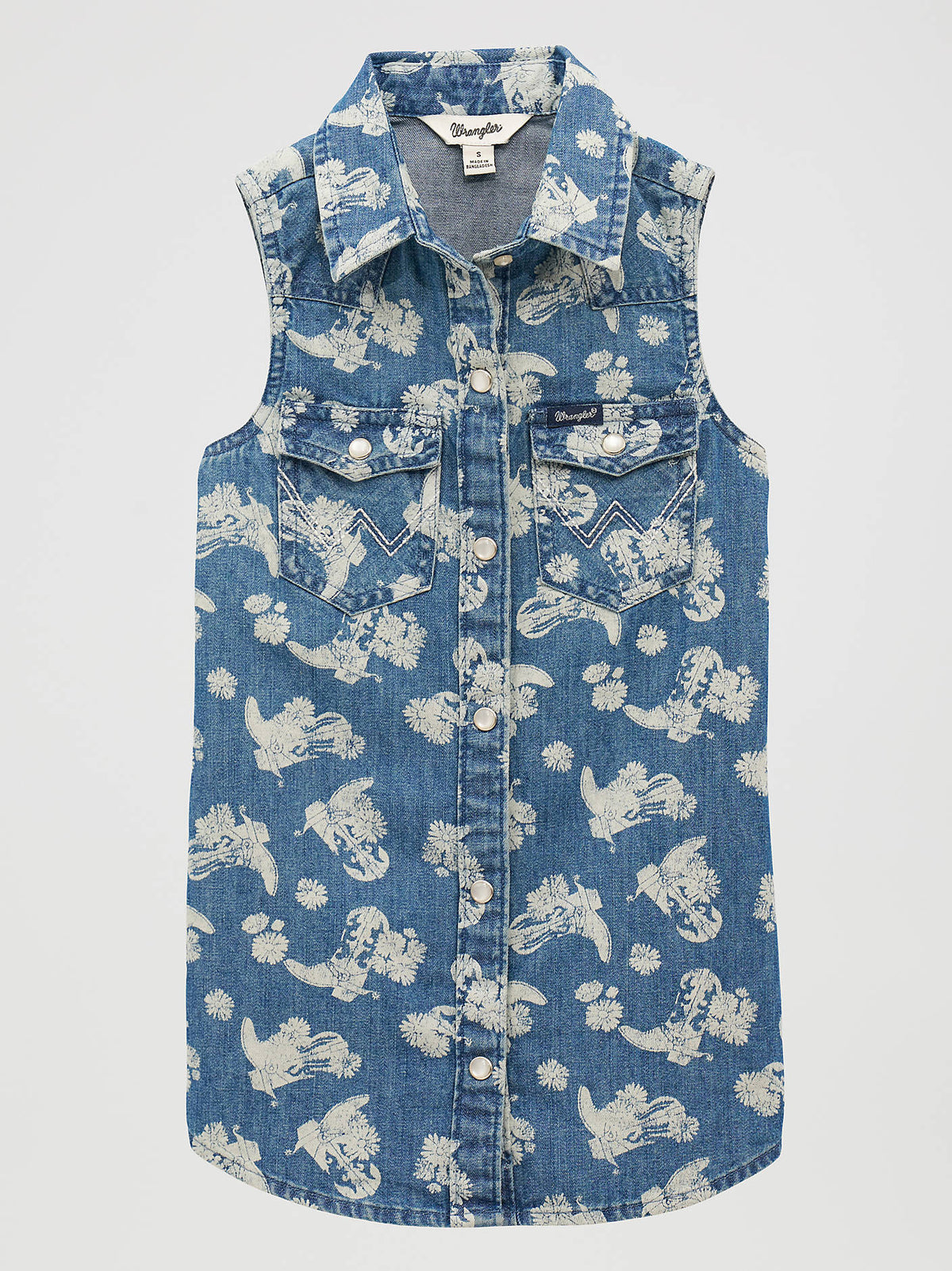 Wrangler Girls Sleeveless Boots Denim Western Snap Shirt 112379386 denim floral boots sleeveless shirt Boltranchstore.com Free Shipping