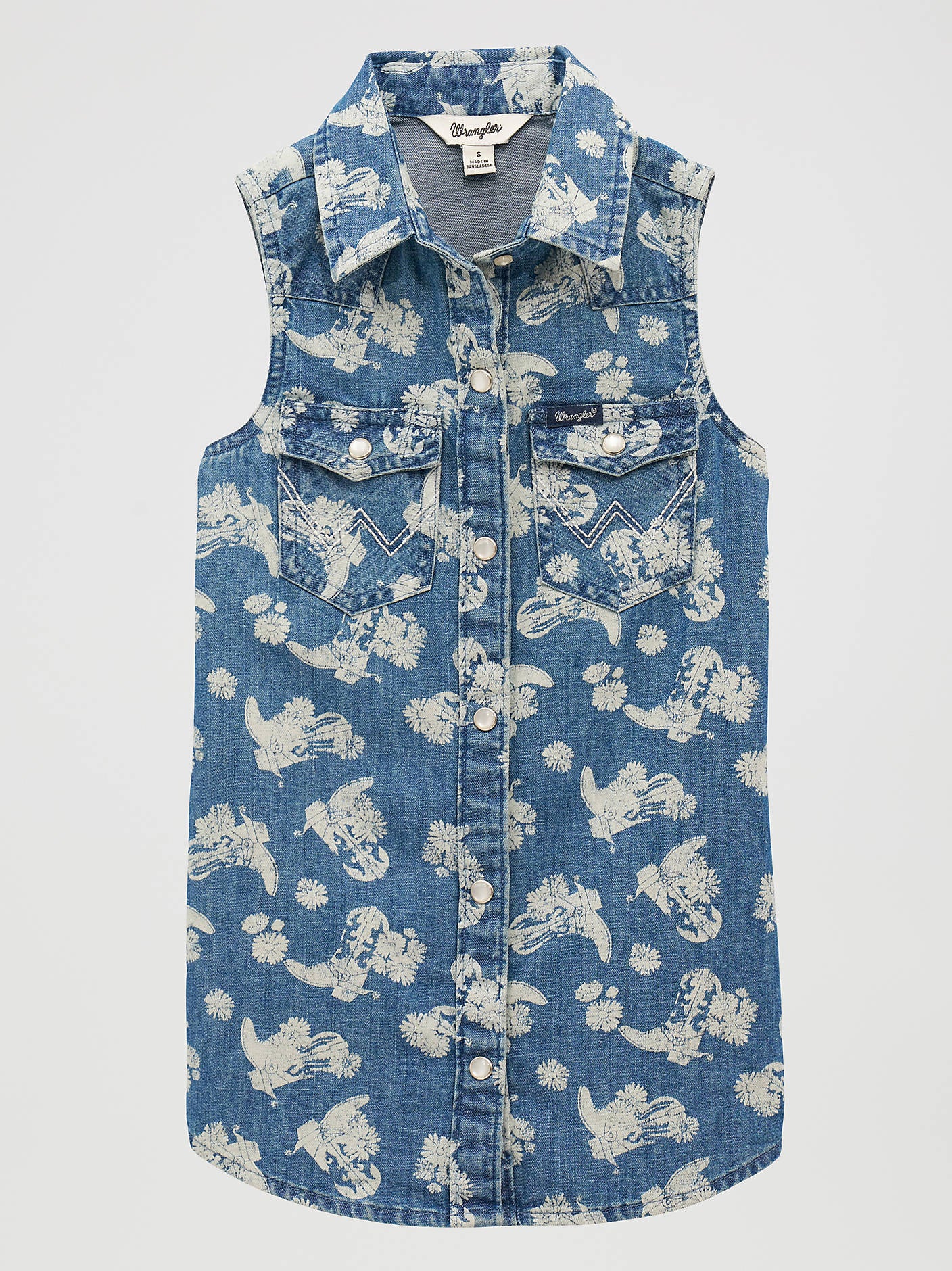Wrangler Girls Sleeveless Boots Denim Western Snap Shirt 112379386 denim floral boots sleeveless shirt Boltranchstore.com Free Shipping
