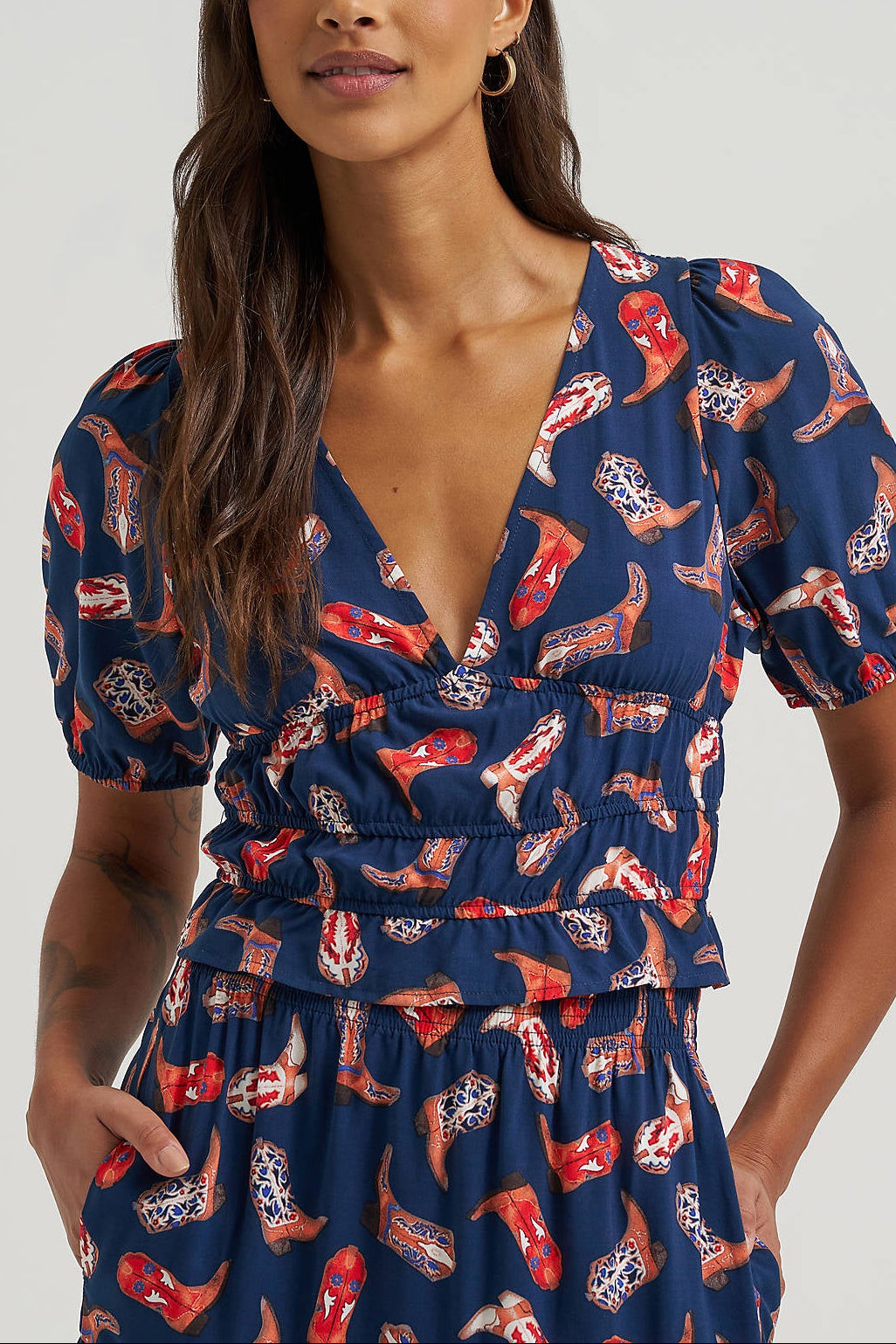 112379488-HERO Wrangler Womens Puff Sleeve V Neck Blouse at boltranchstore.com boots shirt summer shirt western free shipping