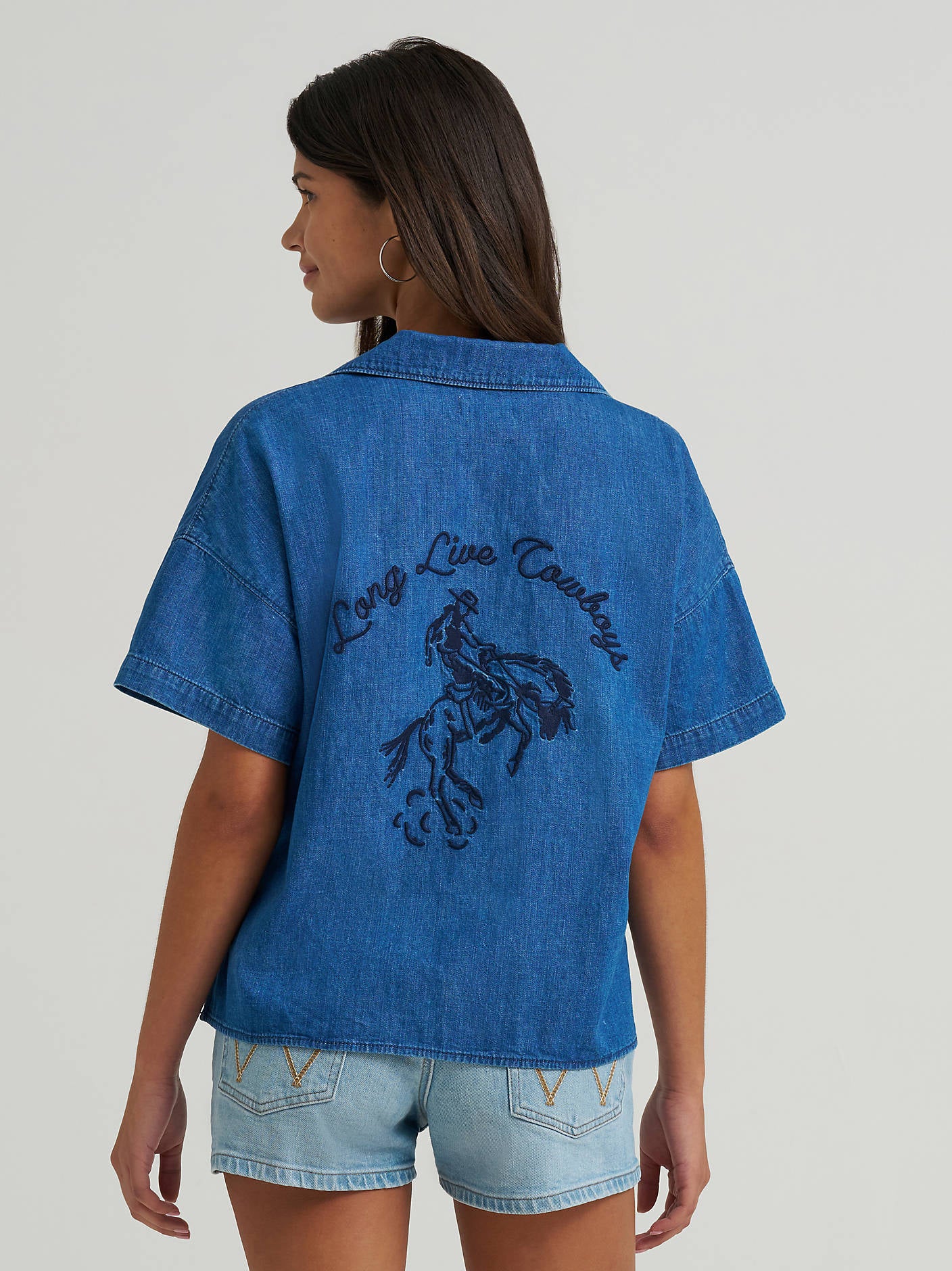 Wrangler Womens Embroidered Denim Camp Shirt