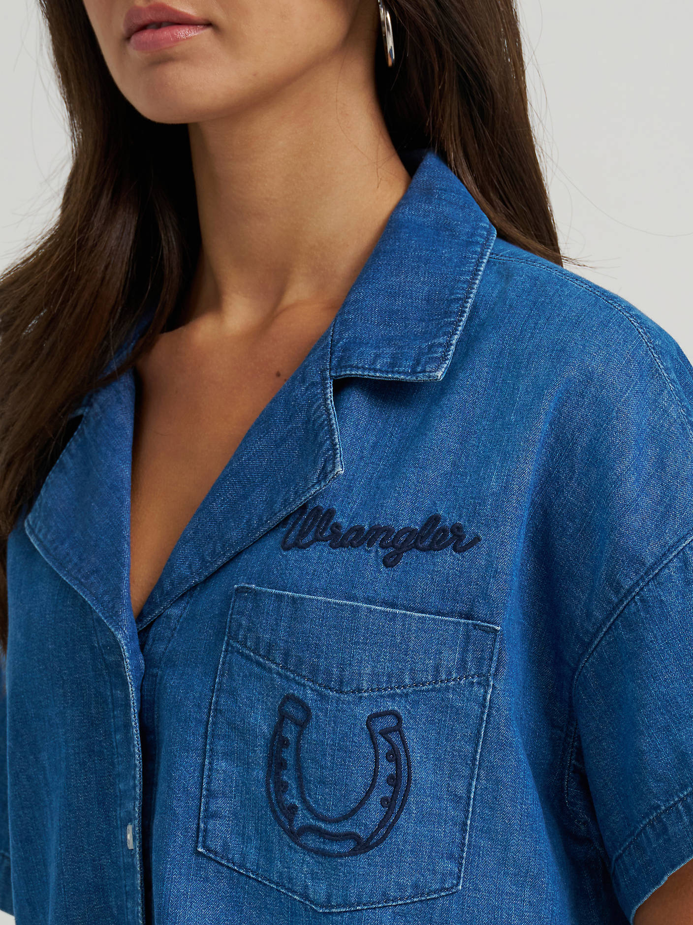 Wrangler Womens Embroidered Denim Camp Shirt