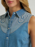 Wrangler Womens Sleeveless Denim Shirt 112379512 horseshoe womens summer western country music concert outfit Boltranchstore.com Free Shipping sale