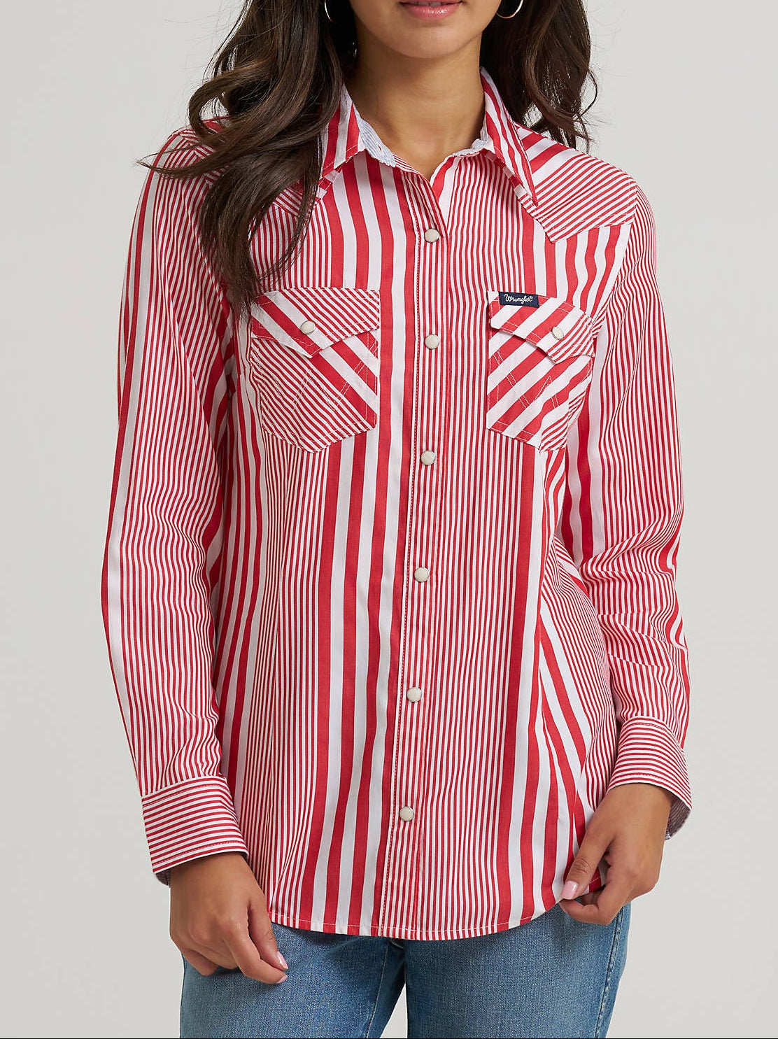 Wrangler Womens Olivia Western Slim Snap Shirt at boltranchstore.com free shipping Woman wearing a red and white striped shirt western 