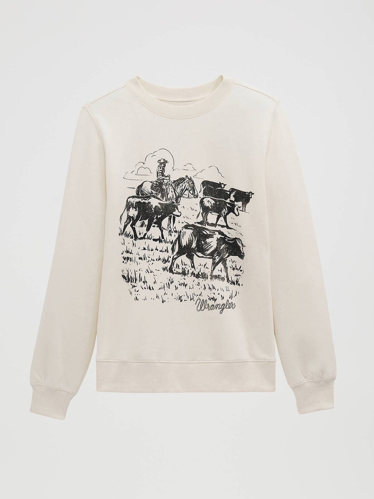 112379655 Wrangler Womens Cattle Drive Graphic Fleece Reg Pullover at boltranchstore.com in stock free shipping An off-white crewneck sweatshirt featuring a black line art graphic of a cowboy riding a horse with cattle, and the brand name 'Wrangler' printed below the graphic.