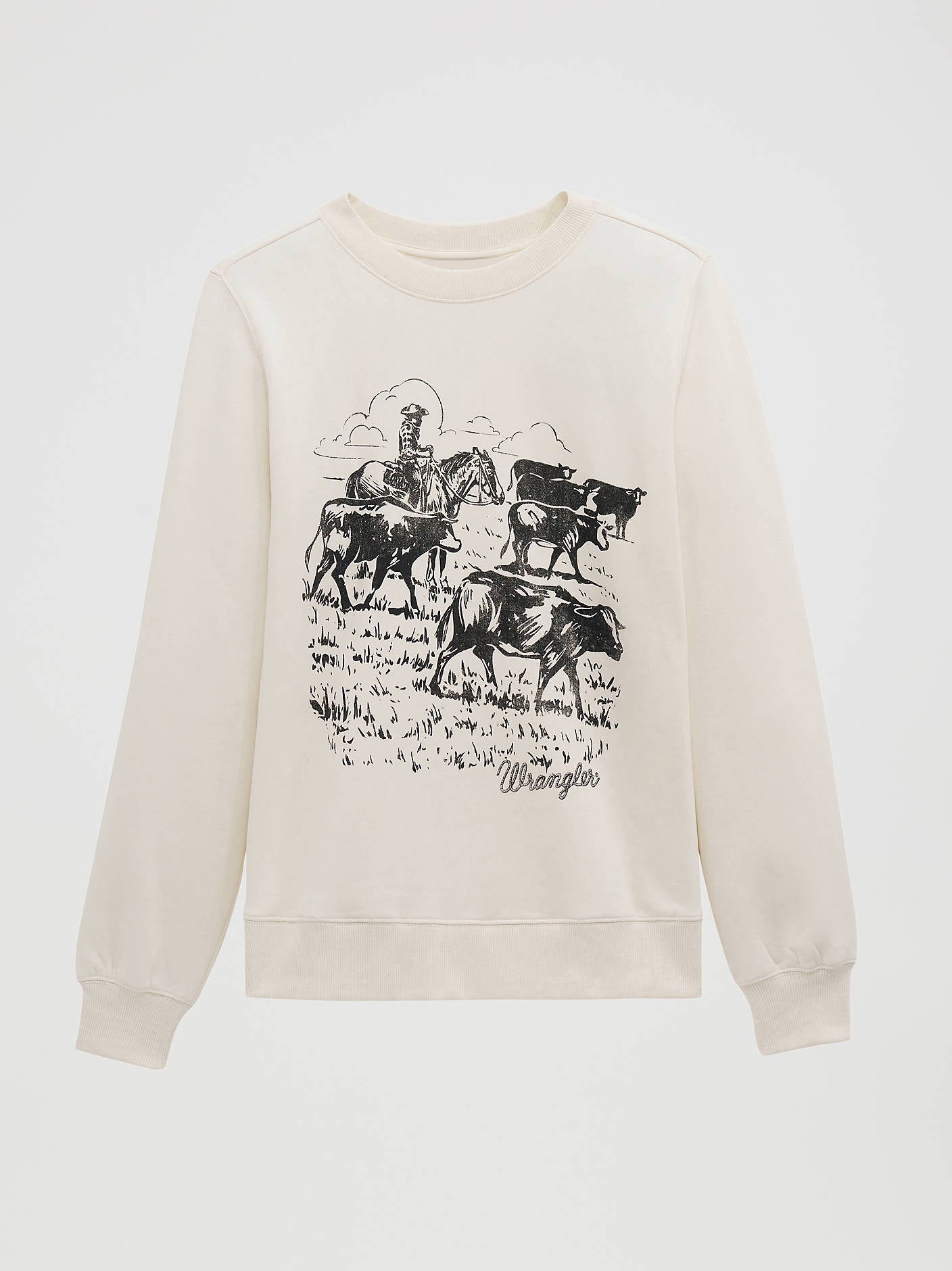 112379655 Wrangler Womens Cattle Drive Graphic Fleece Reg Pullover at boltranchstore.com in stock free shipping An off-white crewneck sweatshirt featuring a black line art graphic of a cowboy riding a horse with cattle, and the brand name 'Wrangler' printed below the graphic.