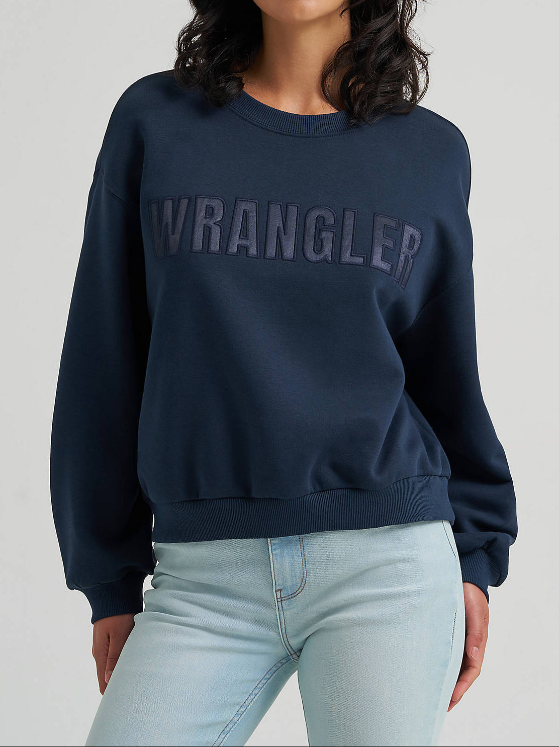 Utah womens western boutique western clothing Wrangler Womens Logo Canyon Crew Pullover in Dark Sapphire SKU 112380259 
