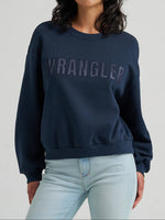 Utah womens western boutique western clothing Wrangler Womens Logo Canyon Crew Pullover in Dark Sapphire SKU 112380259 