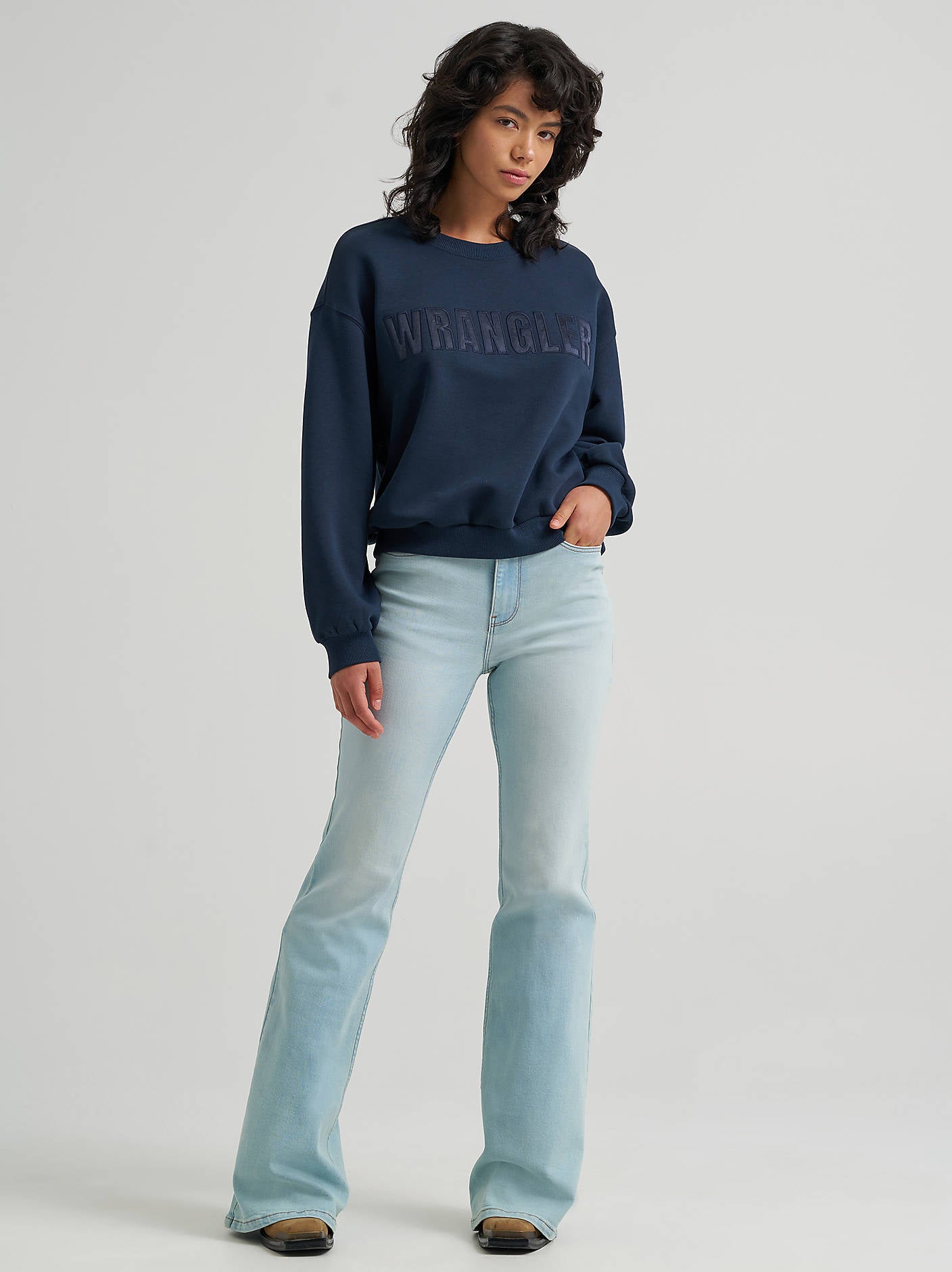 Womens fashion western clothing Utah rodeo Wrangler Womens Logo Canyon Crew Pullover in Dark Sapphire SKU 112380259 Boltranchstore.com free shipping