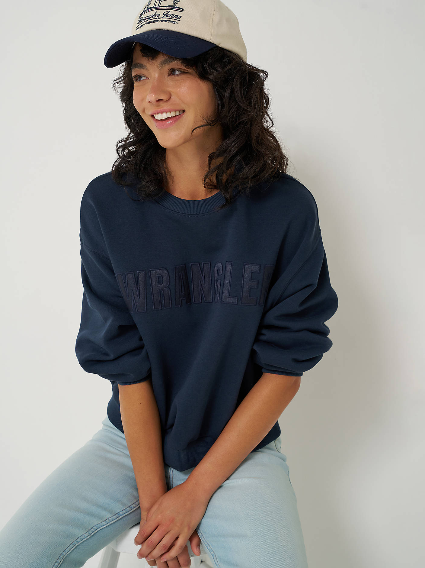 Rodeo western clothing womens western boutique Utah Wrangler Womens Logo Canyon Crew Pullover in Dark Sapphire SKU 112380259 Boltranchstore.com free shipping