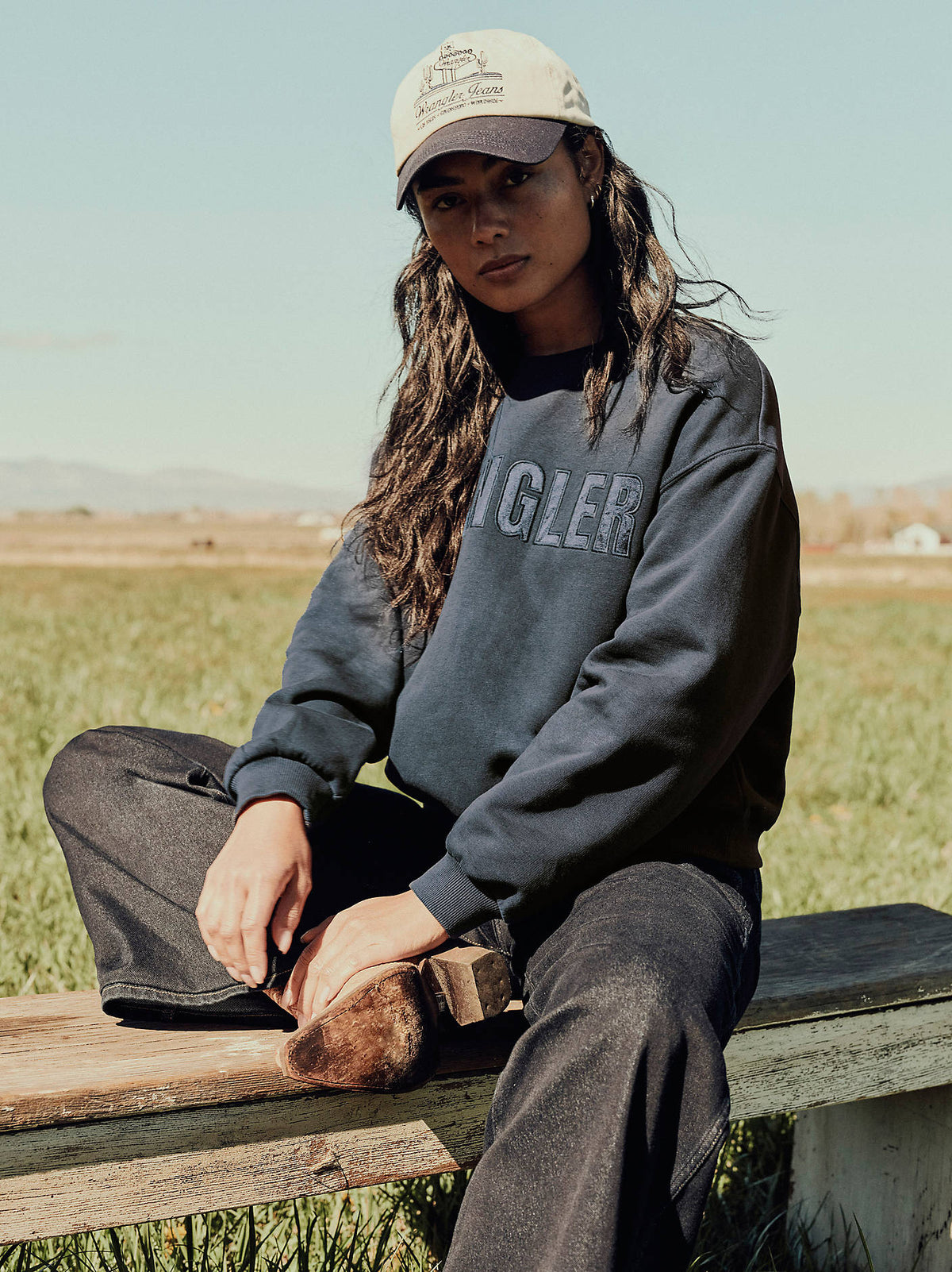 Womens western boutique Utah womens fashion Wrangler Womens Logo Canyon Crew Pullover in Dark Sapphire SKU 112380259 Bolt ranch store free shipping womens dark blue crew neck that has bubble letters that says wrangler