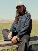 Womens western boutique Utah womens fashion Wrangler Womens Logo Canyon Crew Pullover in Dark Sapphire SKU 112380259 Bolt ranch store free shipping womens dark blue crew neck that has bubble letters that says wrangler