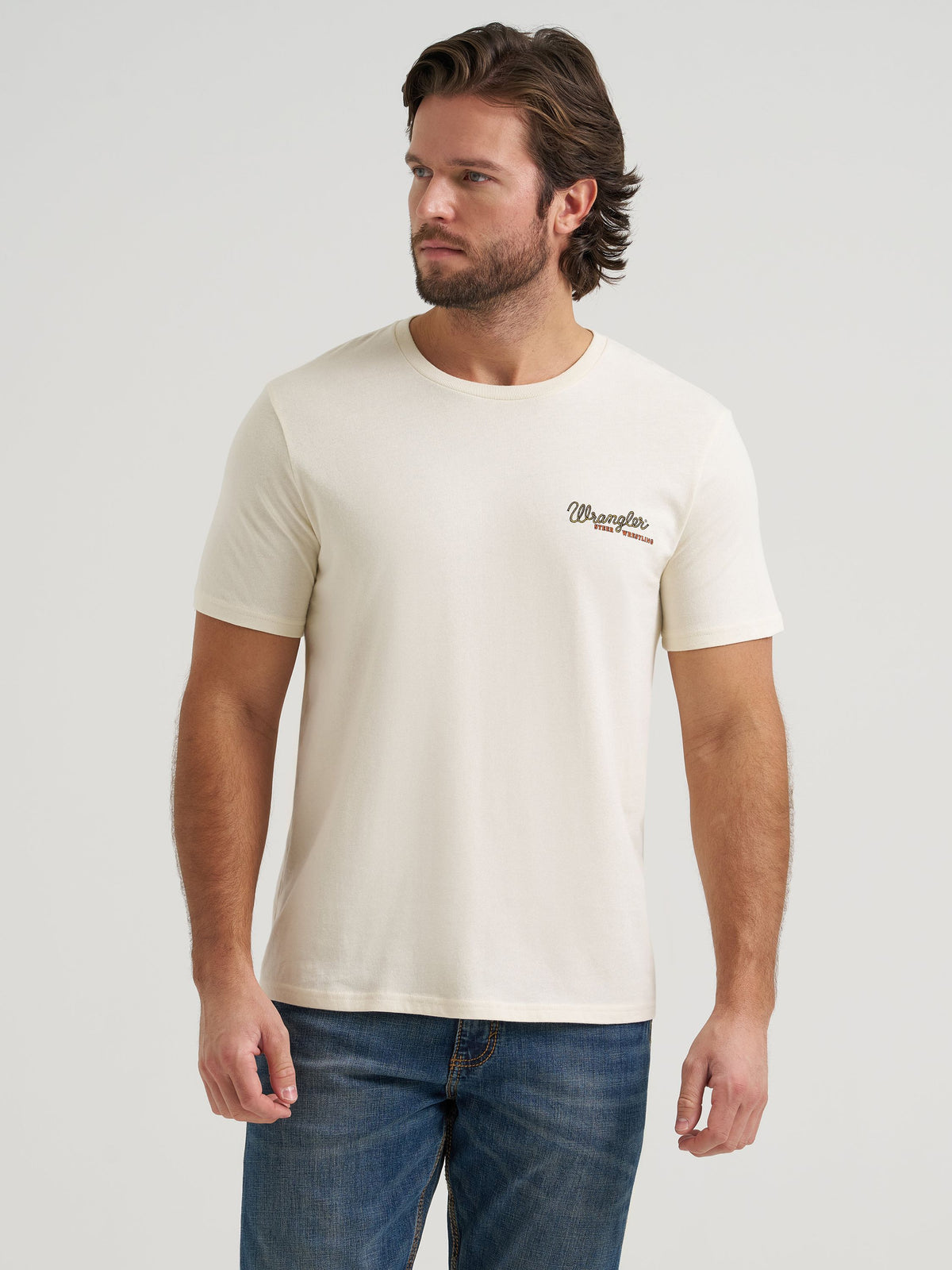 Wrangler Steer Wrestling Graphic T Shirt Antique White regular fit short sleeve silhouette mens ranch wear Kamas