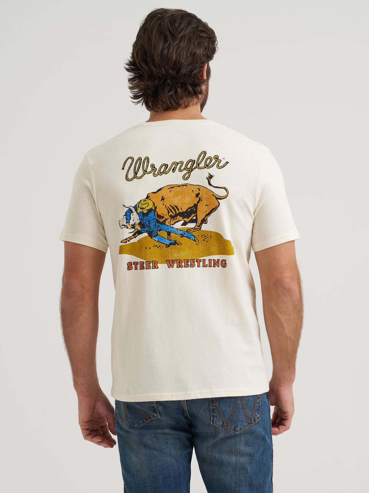 Wrangler Steer Wrestling Graphic T Shirt Antique White ribbed crew neck collar with small Wrangler logo cowboy western fashion