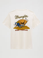 Wrangler Steer Wrestling Graphic T Shirt Antique White 100 percent cotton tee with steer wrestling rodeo graphic western clothing Utah SKU 112380274