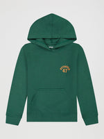 Wrangler Boys 47 Wrangler Logo Pullover Hoodie Hunter Green cotton blend hooded pullover with gold 47 chest print and kangaroo pocket kids western clothing Utah SKU 112380316