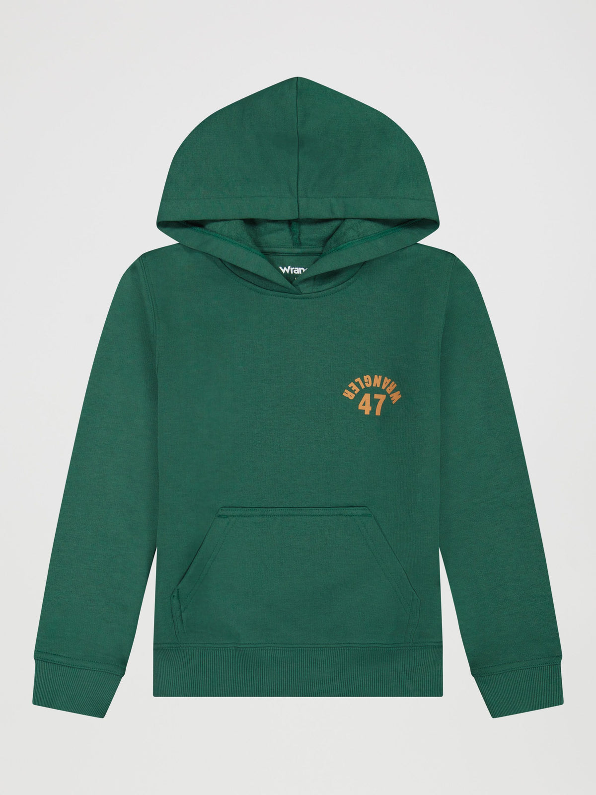 Wrangler Boys 47 Wrangler Logo Pullover Hoodie Hunter Green cotton blend hooded pullover with gold 47 chest print and kangaroo pocket kids western clothing Utah SKU 112380316