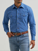 112381453 Wrangler Mens 20X Comp Advanced Western Snap Shirt at boltrachstore.com  in stock free shipping Man wearing a blue striped shirt 
