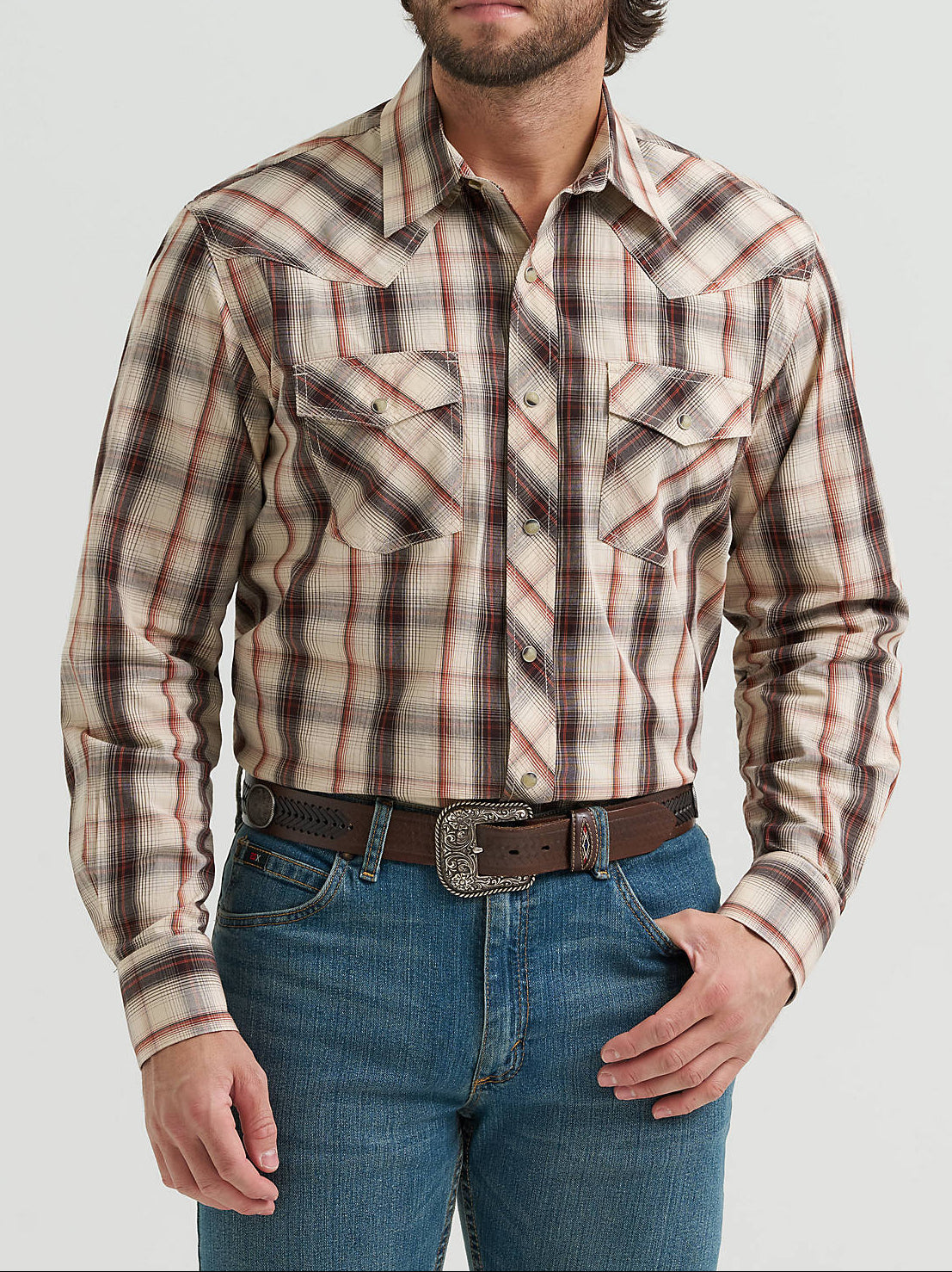 112381479 Wrangler Mens 20X Long Sleeve Shirt at boltranchstore.com in stock free shipping Man wearing a plaid shirt 