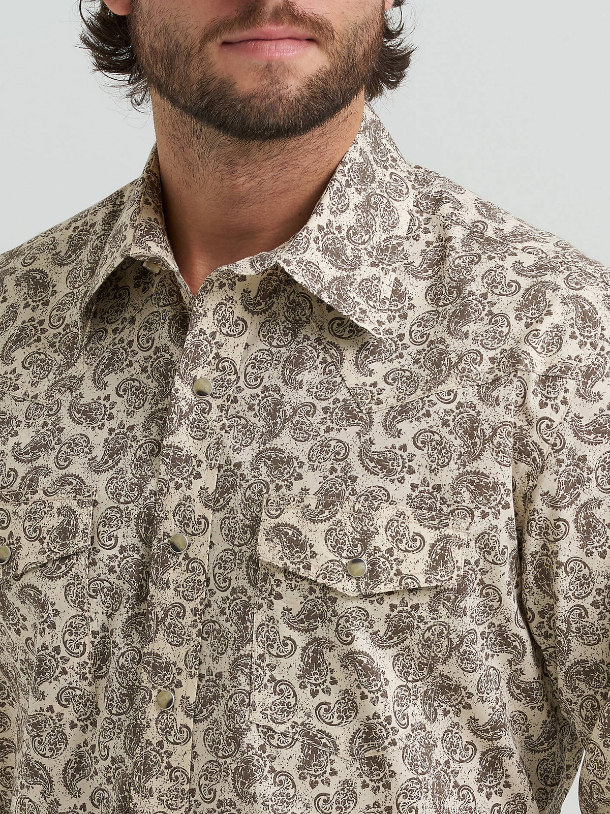 Rodeo mens western clothing Utah Wrangler 20X Advanced Comfort Long Sleeve Snap Print Shirt Tan SKU 112381480 Boltranchstore.com free shipping