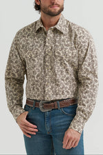 Mens western clothing Utah rodeo Wrangler 20X Advanced Comfort Long Sleeve Snap Print Shirt Tan SKU 112381480 Boltranchstore.com free shipping