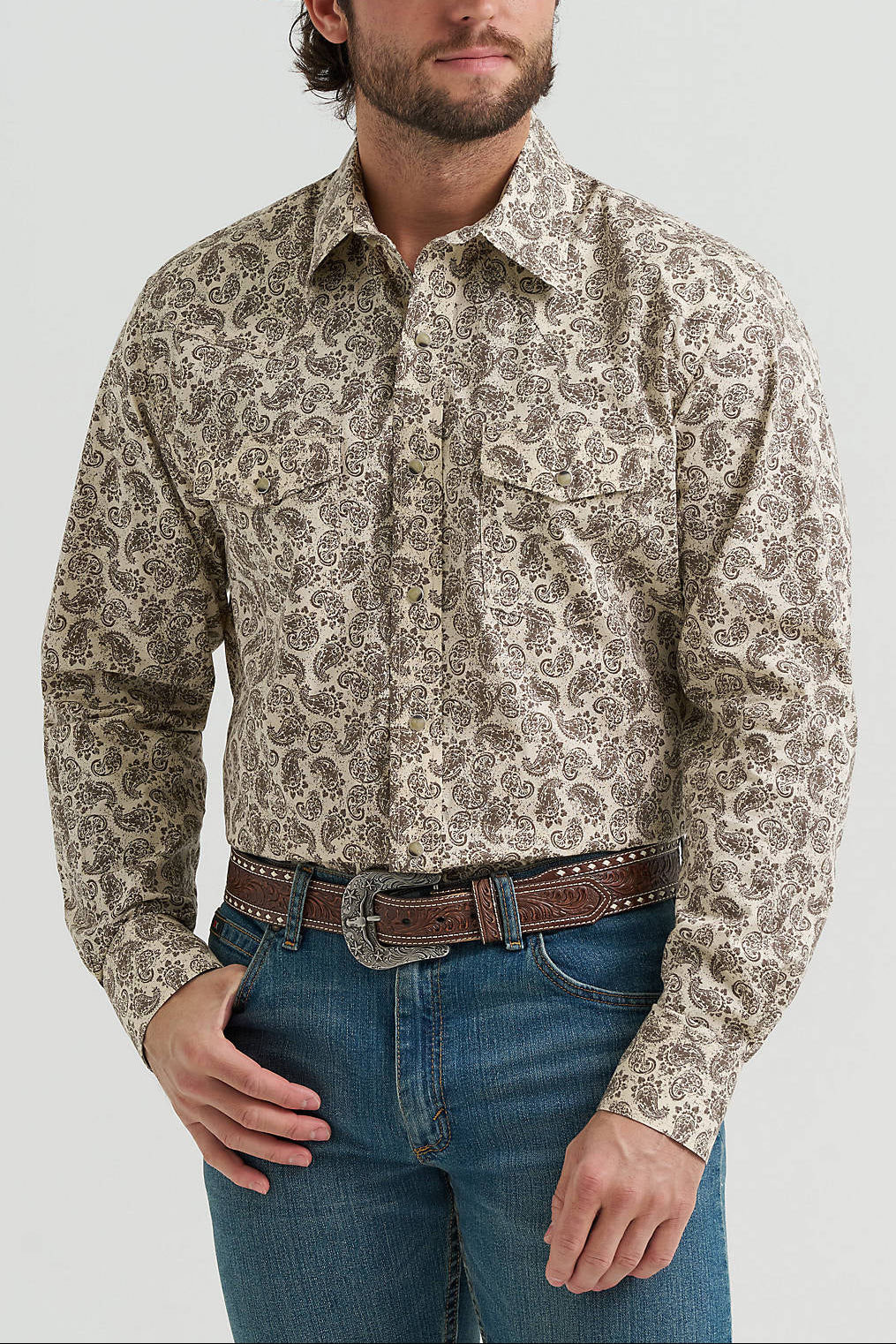 Mens western clothing Utah rodeo Wrangler 20X Advanced Comfort Long Sleeve Snap Print Shirt Tan SKU 112381480 Boltranchstore.com free shipping